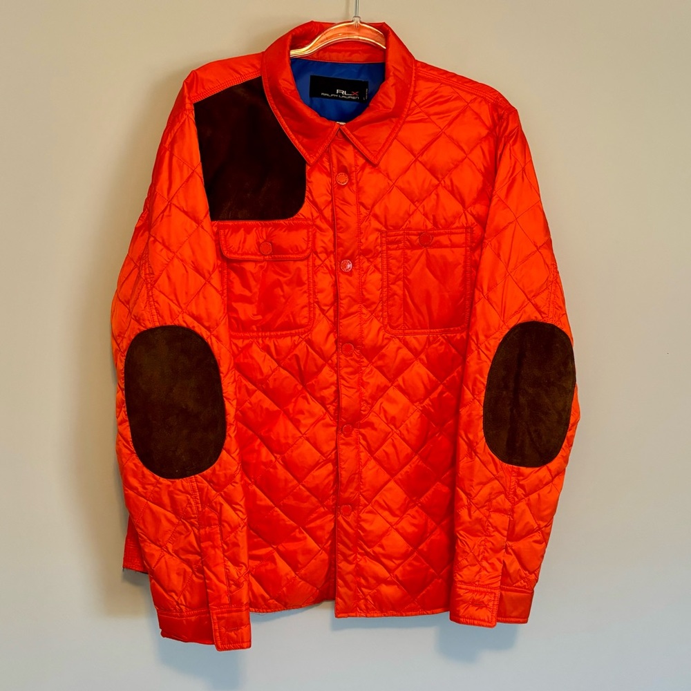Ralph Lauren RLX Large Mens Down Jacket Shooting Hunting QUILTED Orange Patch